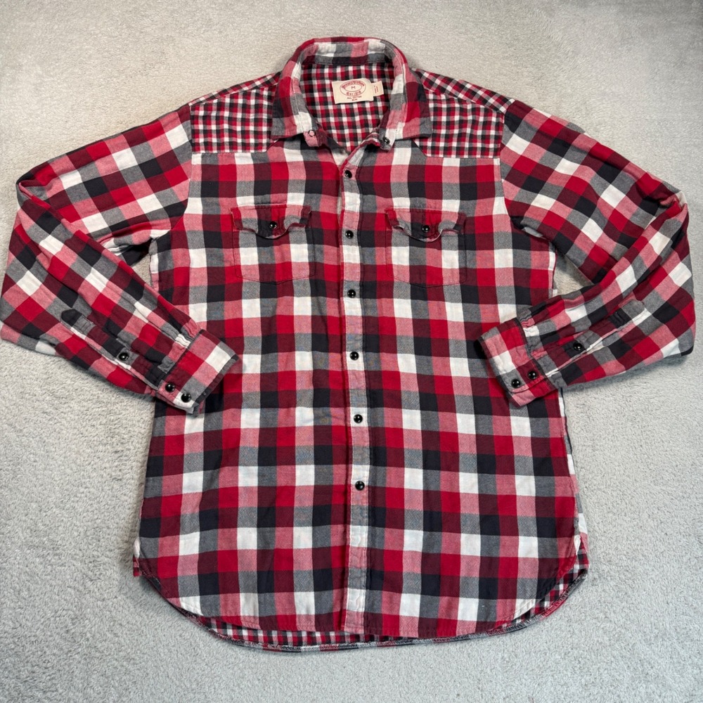 Brooks Brothers Western Shirt Mens M Red Black Plaid Pearl Snap Flannel Slim Fit